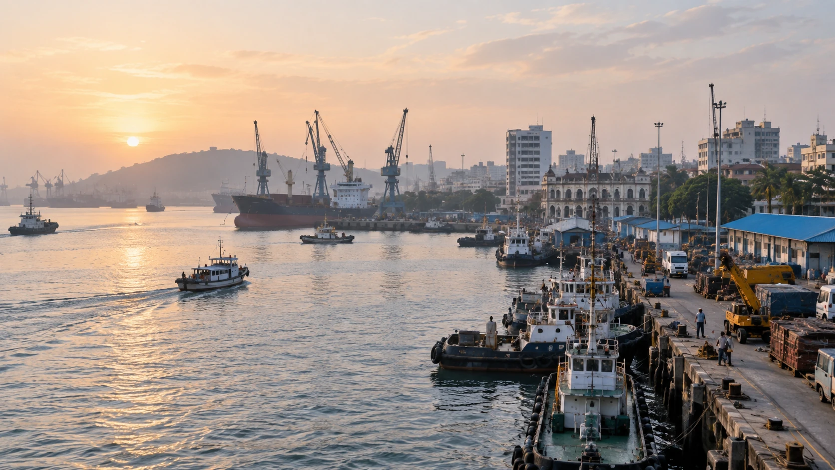 Working harbour waterfront in an Indian port city at sunrise, with tugs, cranes and a berthed vessel