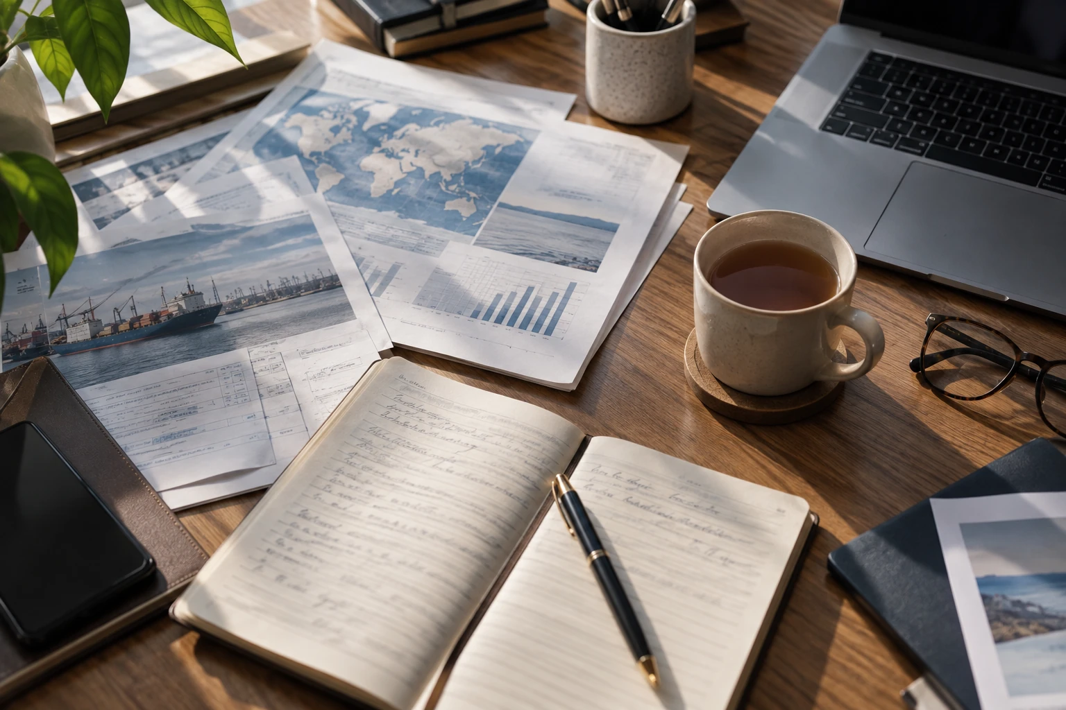 Printed market reports, a notebook and a cup of tea on a working desk