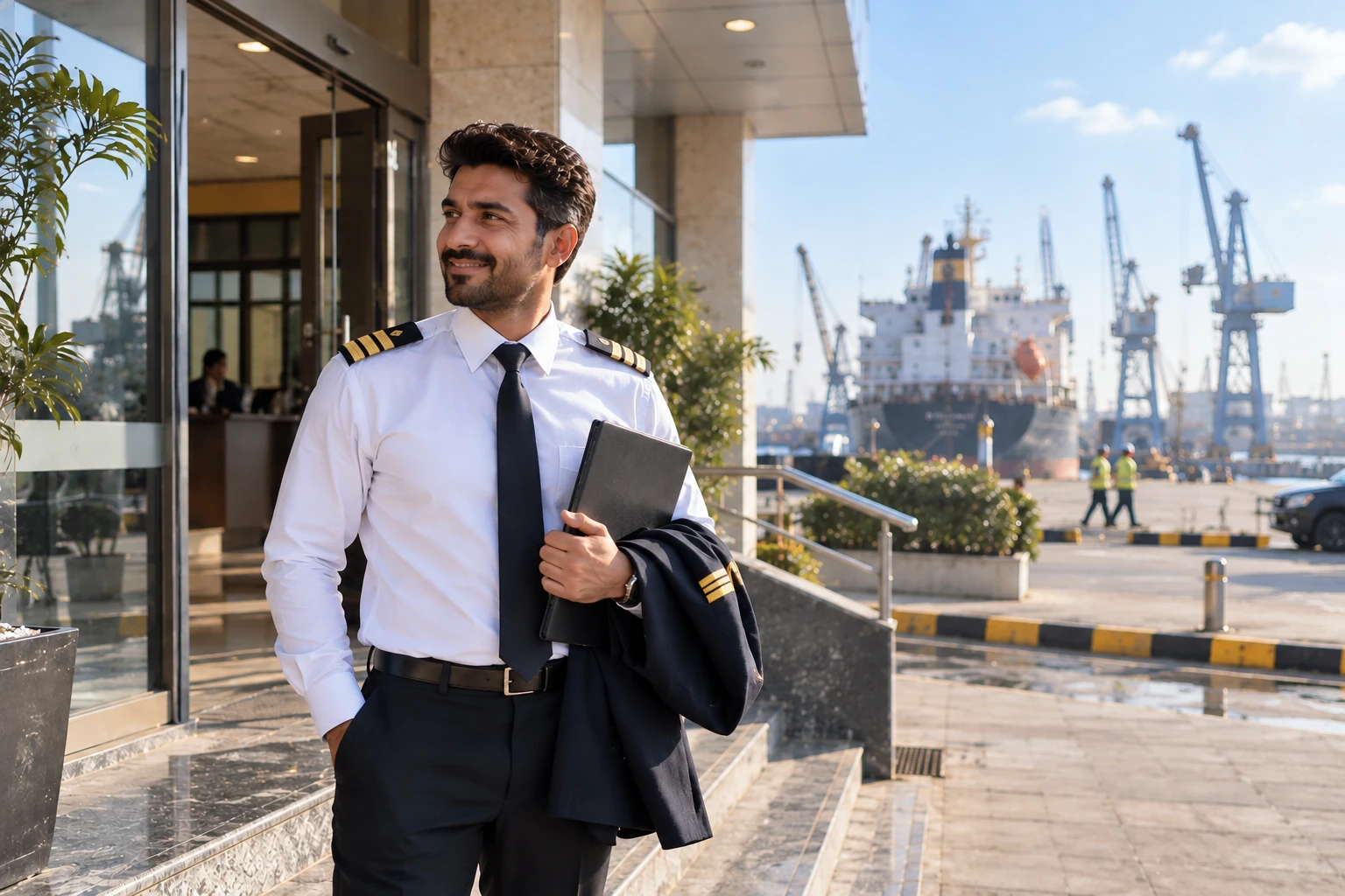 Merchant navy officer holding a document folder outside a port office building