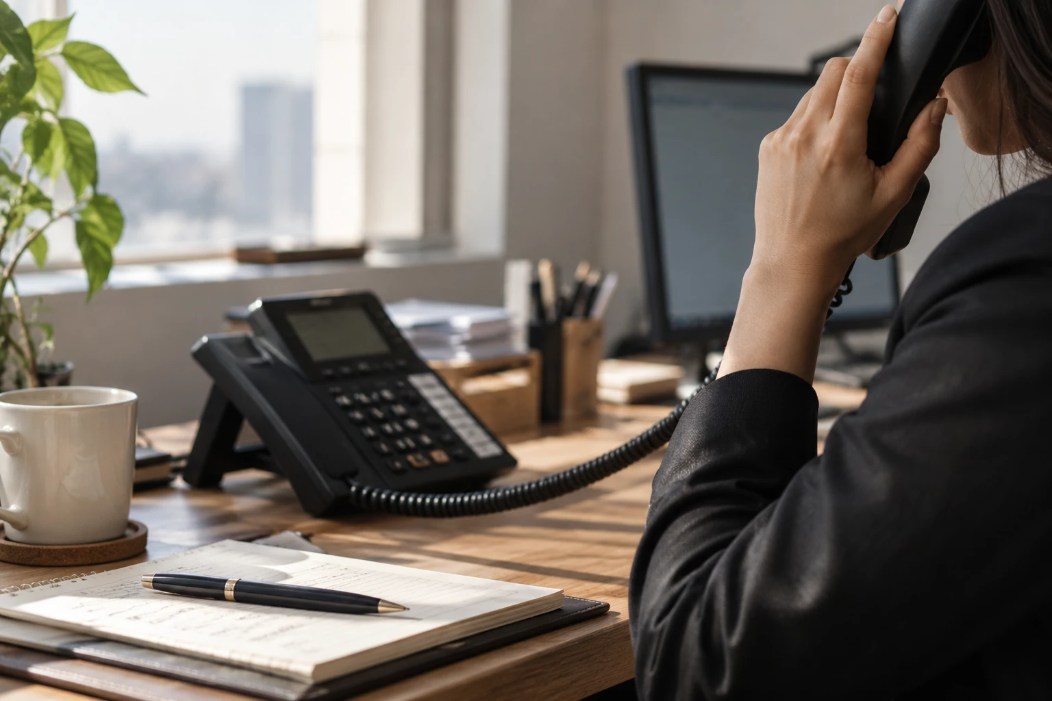 Desk phone in use beside a notepad and pen in a small office