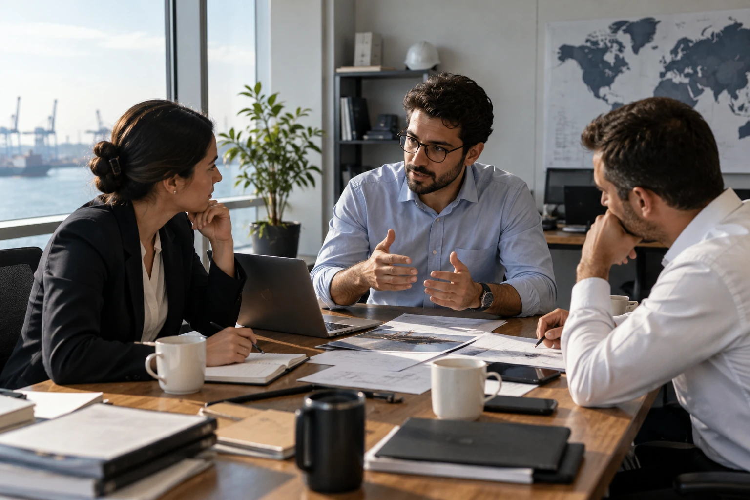 Three colleagues discussing printed documents at an office table overlooking a port