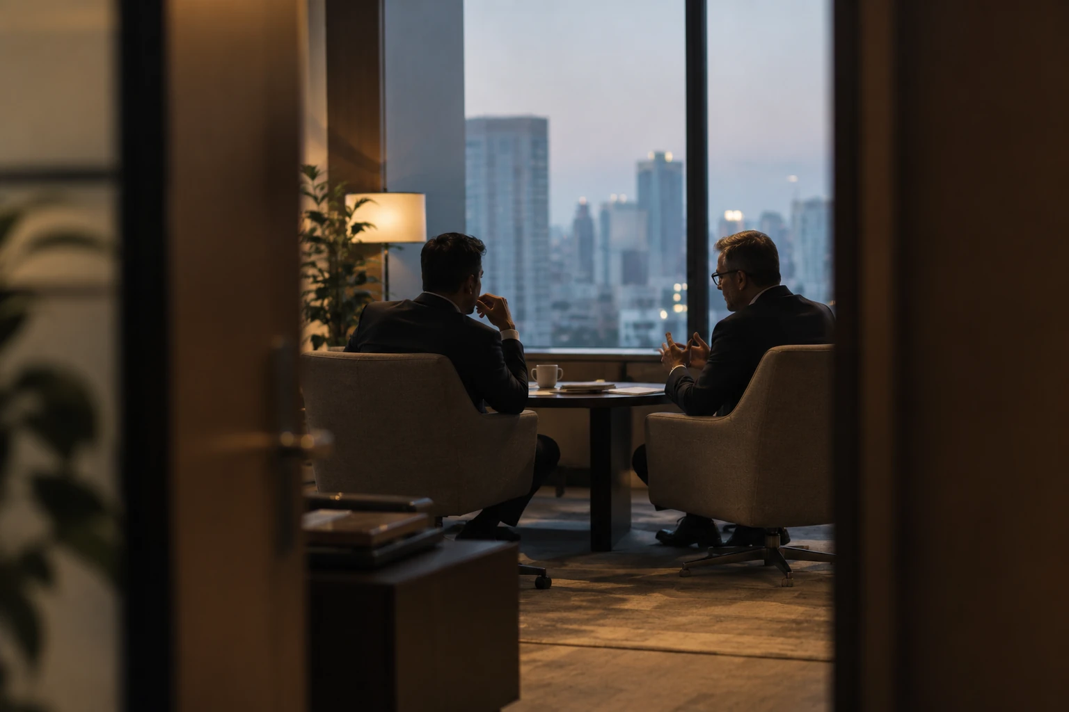 Two senior professionals in private conversation in a meeting room, seen through a half-open door