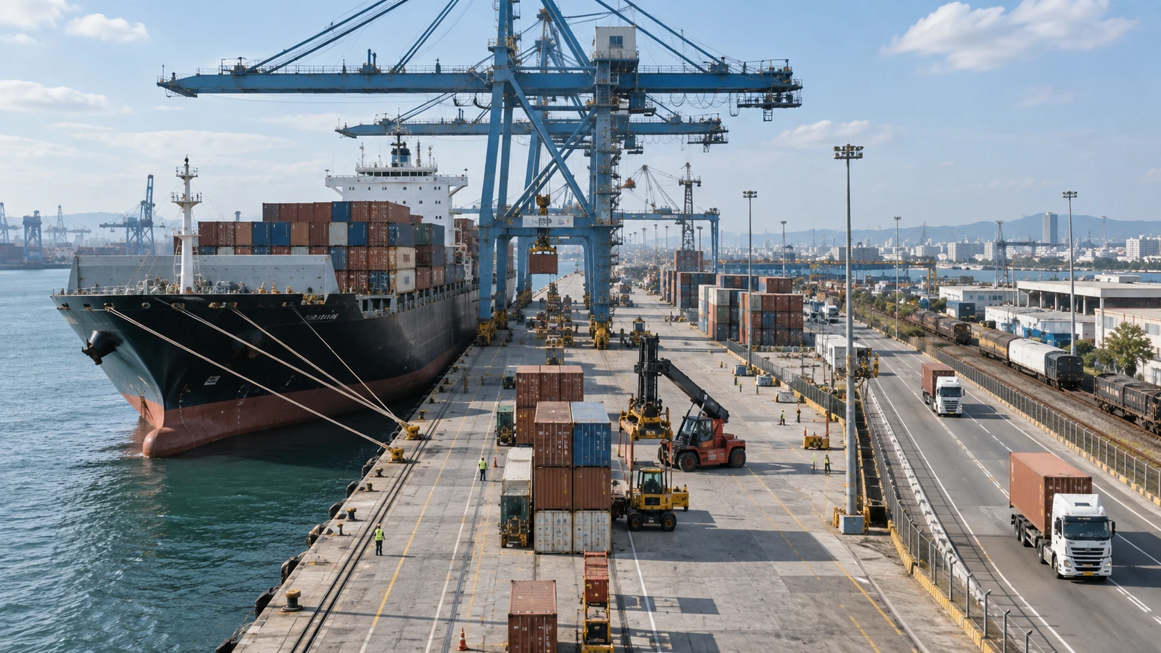Container terminal with a berthed vessel, yard cranes and a road and rail corridor running inland