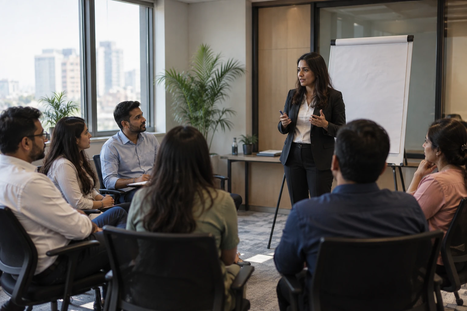 Facilitator leading a small seated briefing session beside a blank flip chart