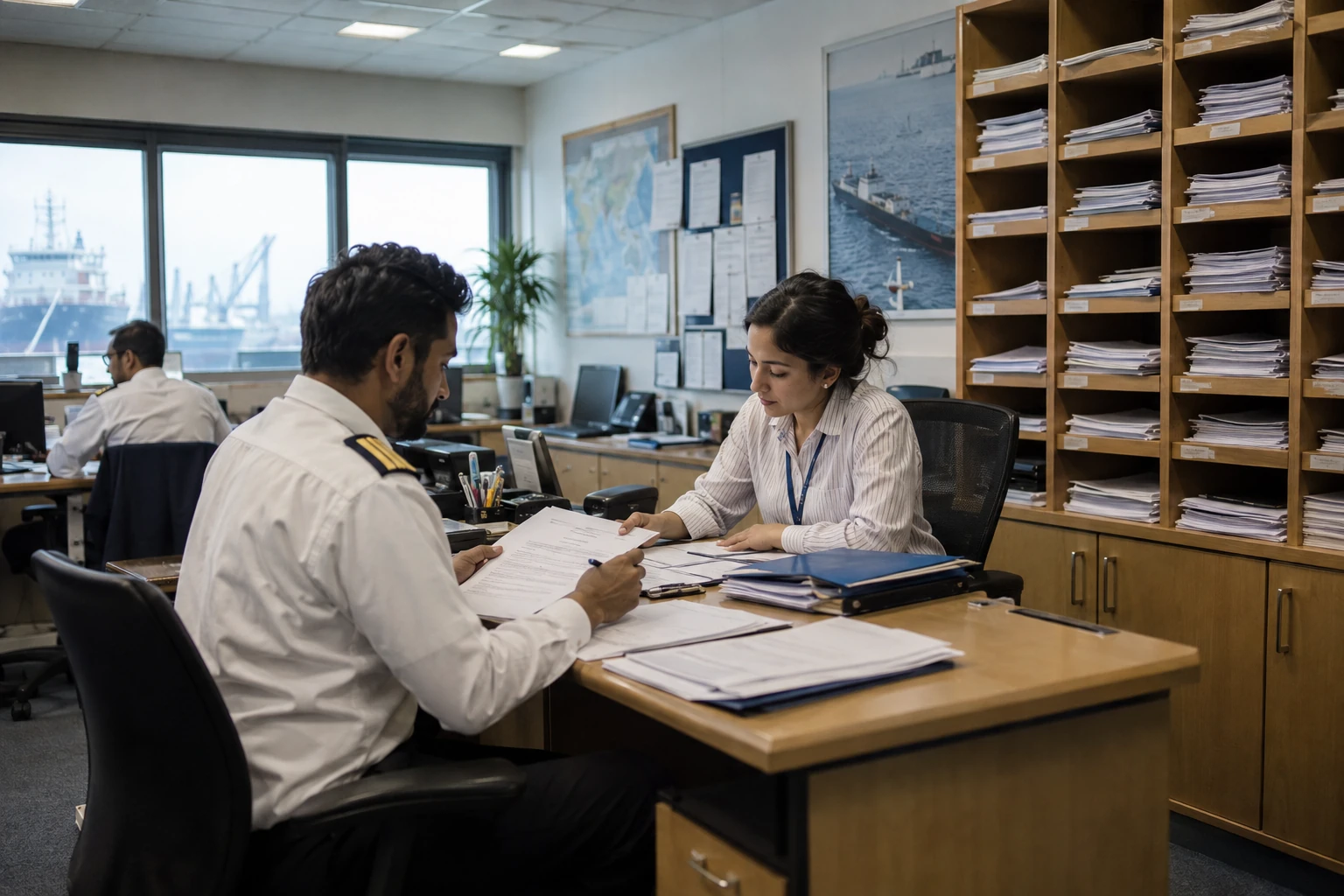Officer and crewing coordinator reviewing documents at a desk in a manning office