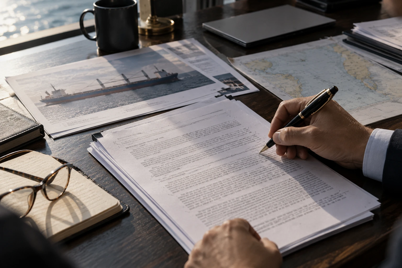 Charterparty documents being annotated at a desk