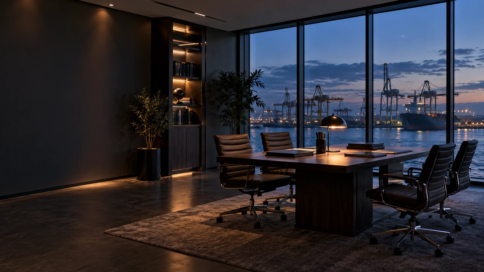 Meeting room overlooking a container terminal at dusk