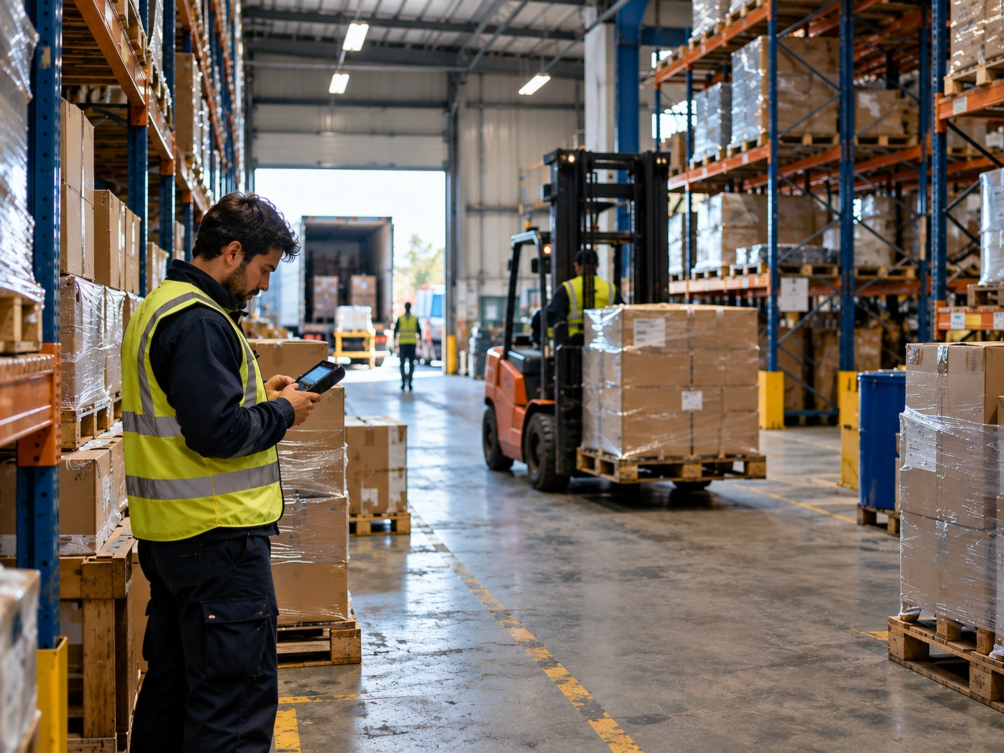 Freight forwarding warehouse with racking and a forklift in motion