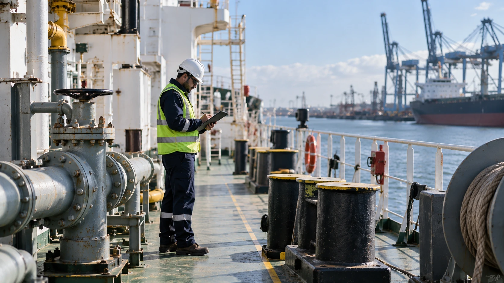 Marine superintendent inspecting deck equipment during a port call