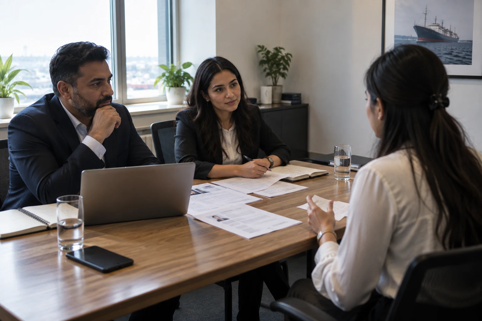 Interview in progress with two interviewers and a candidate across a table of printed CVs