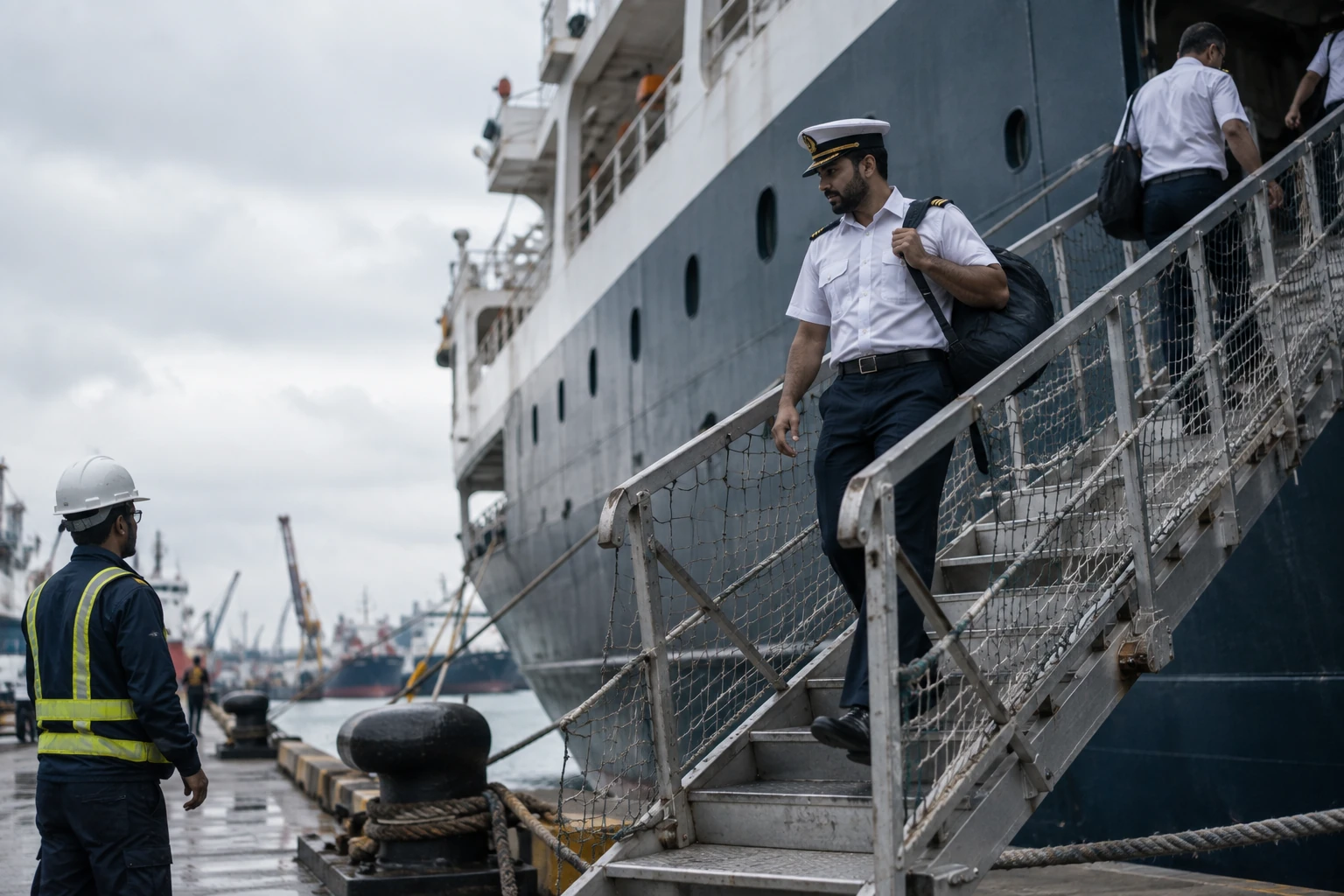 Merchant navy officer with a kit bag walking down a gangway onto the quayside