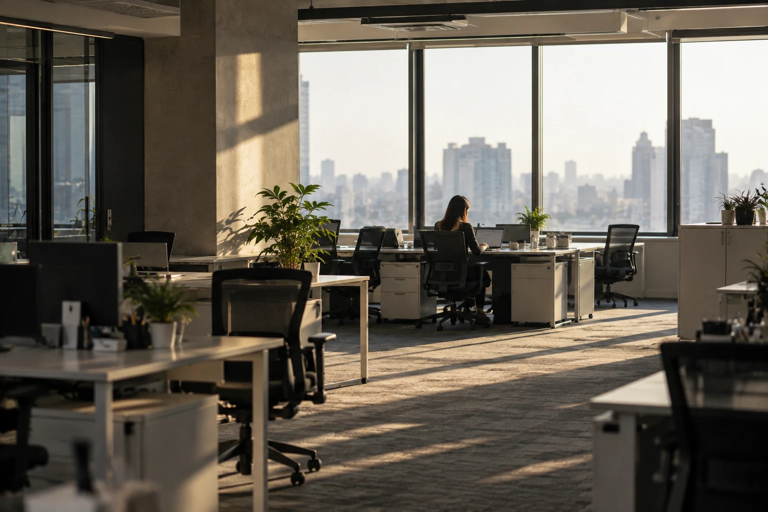 A single person working at a desk in a large, mostly empty open-plan office