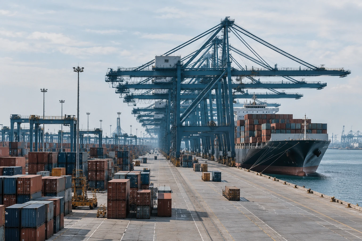 A line of gantry cranes along a container terminal with a vessel alongside
