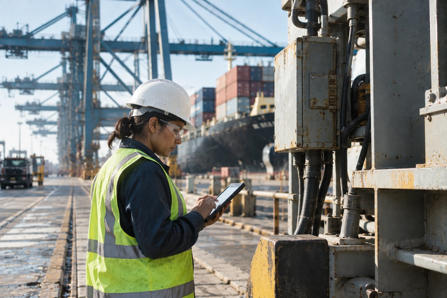 A woman in a hard hat and high-visibility vest checking equipment on a tablet at a container terminal